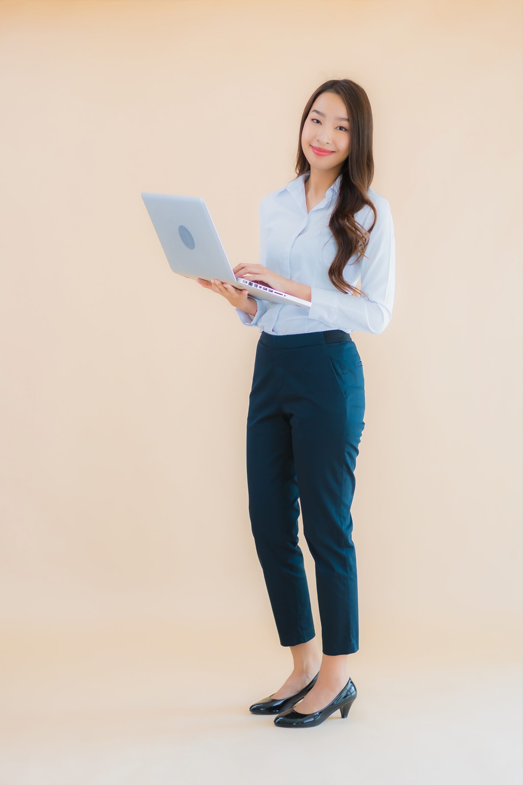 Portrait Beautiful Young Asian Woman With Computer Laptop